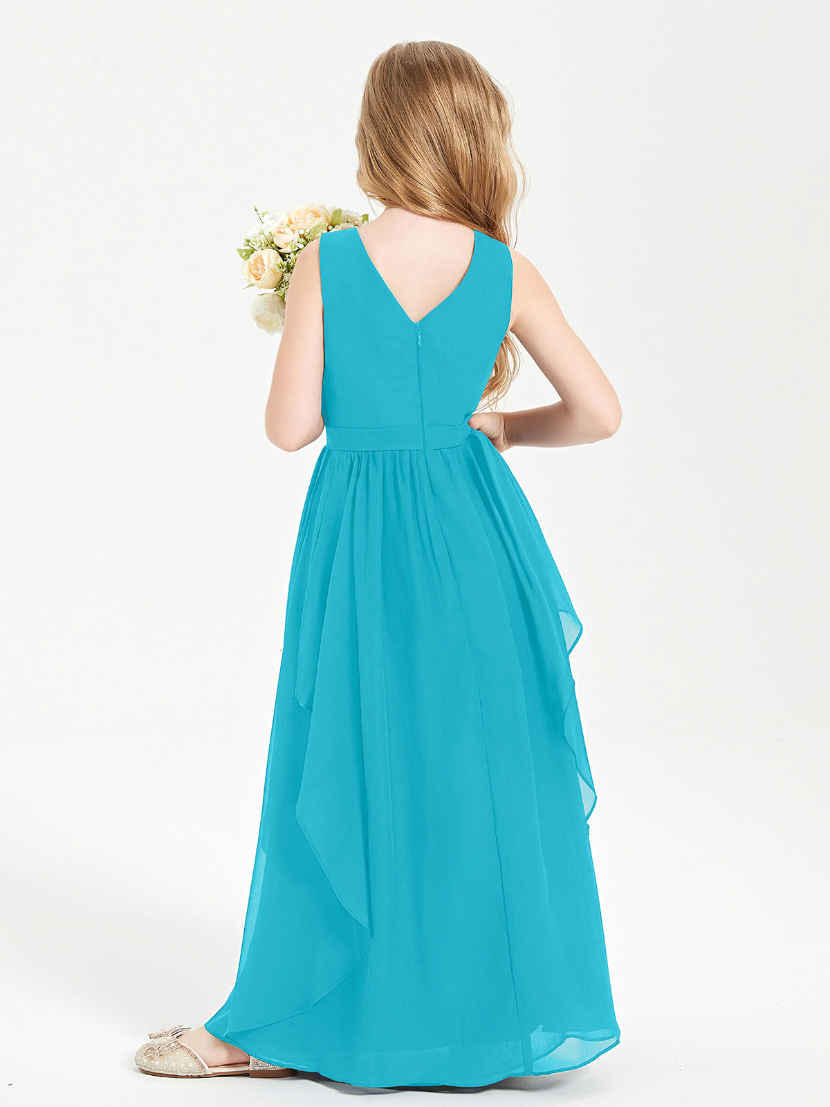Boho Sleeveless Junior Chiffon Bridesmaids Gown Jade